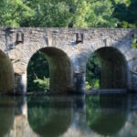 banner showcasing a stone bridge crossing a river in a wooded area
