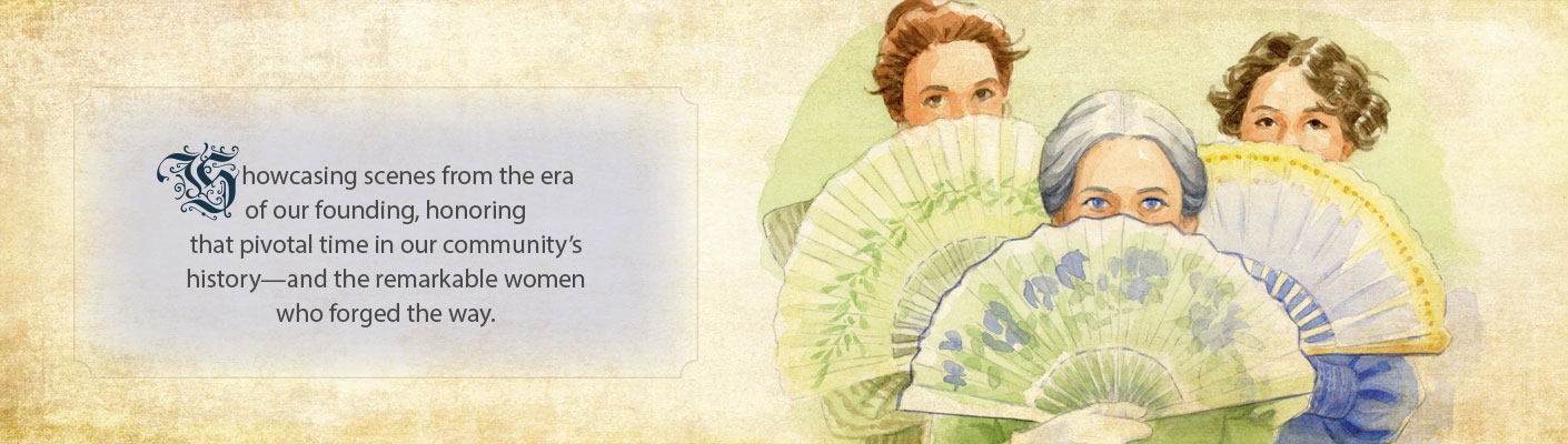 banner featuring water-paint style drawings of women in historical dress