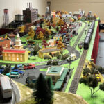 'top-down view of most of the model train set'