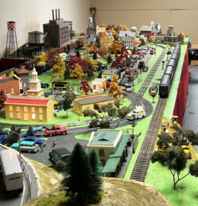 top-down view of most of the model train set
