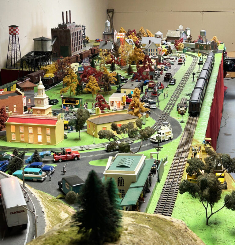 top-down view of most of the model train set