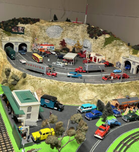 closeup of some of the transitways on the model train set
